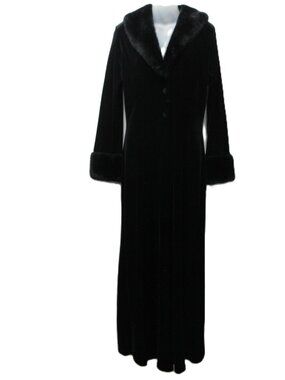 Vtg 90s Velvet Velour Faux Fur Trim Maxi Coat Black Goth Grunge Whimsigoth sz XL